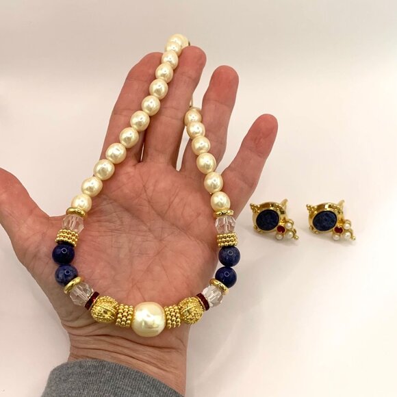 Alex Nicole For 1928 Pearl Lapis Gold Tone Red Necklace Clip On Earrings Set Vtg - Picture 6 of 10